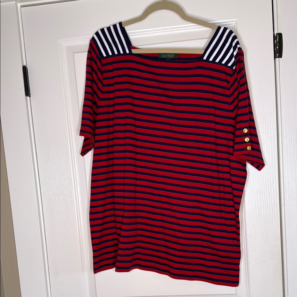Red And Navy Striped Top With Button Detail